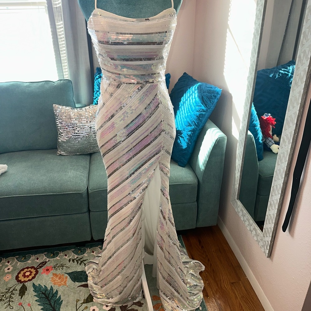 Camille La Vie Silver Ruched Strapless Mermaid Gown